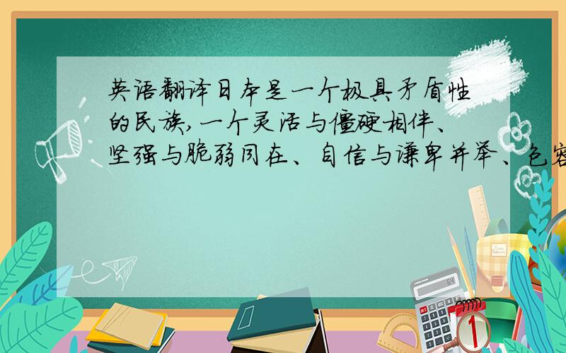 英语翻译日本是一个极具矛盾性的民族,一个灵活与僵硬相伴、坚强与脆弱同在、自信与谦卑并举、包容与排外同存的民族.其国民性格形成因素主要有：语言、文化、地理环境、气候状况、