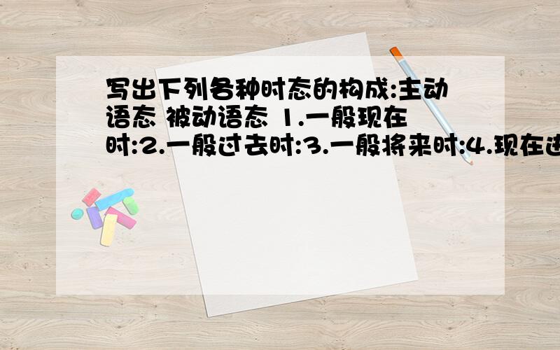 写出下列各种时态的构成:主动语态 被动语态 1.一般现在时:2.一般过去时:3.一般将来时:4.现在进行时:5.现在完成时:6.含情态动词:急着需要\\\快啊