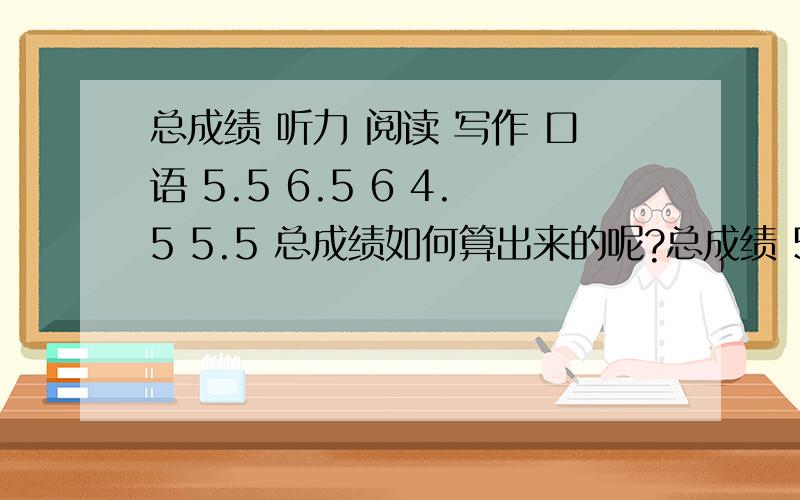 总成绩 听力 阅读 写作 口语 5.5 6.5 6 4.5 5.5 总成绩如何算出来的呢?总成绩 5.5 听力 6.5 阅读 6 写作 4.5 口语 5.5