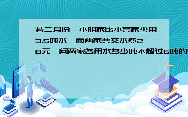 若二月份,小明家比小亮家少用3.5吨水,而两家共交水费28元,问两家各用水多少吨不超过6吨的部分,2元/吨.超出6吨部分,3.5元/吨