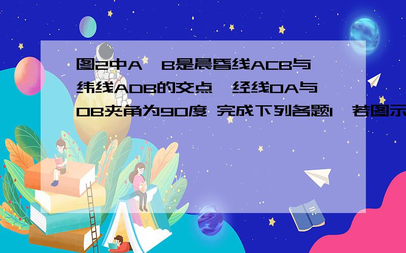 图2中A、B是晨昏线ACB与纬线ADB的交点,经线OA与OB夹角为90度 完成下列各题1、若图示为北半球,扇形是昨天的范围,则北京时间为A、2时 B、8时 C、14时 D、20时2、若阴影部分是黑夜.A点的日出时间