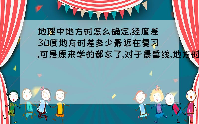 地理中地方时怎么确定,经度差30度地方时差多少最近在复习,可是原来学的都忘了,对于晨昏线,地方时,判断地形什么的都不会了,希望那位能指导一下,