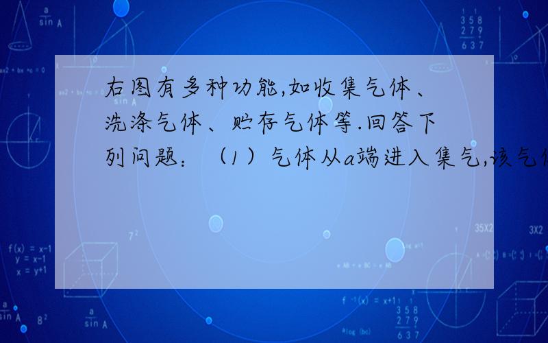 右图有多种功能,如收集气体、洗涤气体、贮存气体等.回答下列问题：（1）气体从a端进入集气,该气体必须具有的性质是 .（2）气体从b端进入集气,该气体必须具有的性质是 .（3）将此装置倒