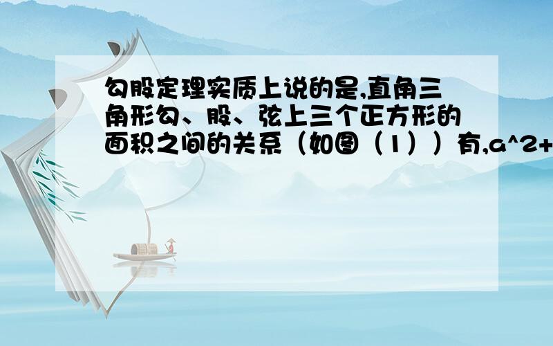 勾股定理实质上说的是,直角三角形勾、股、弦上三个正方形的面积之间的关系（如图（1））有,a^2+b^2=c^2那么,请完成以下两题,（1） 把正方形改成正三角形（如图（2））,上述关系式能成立