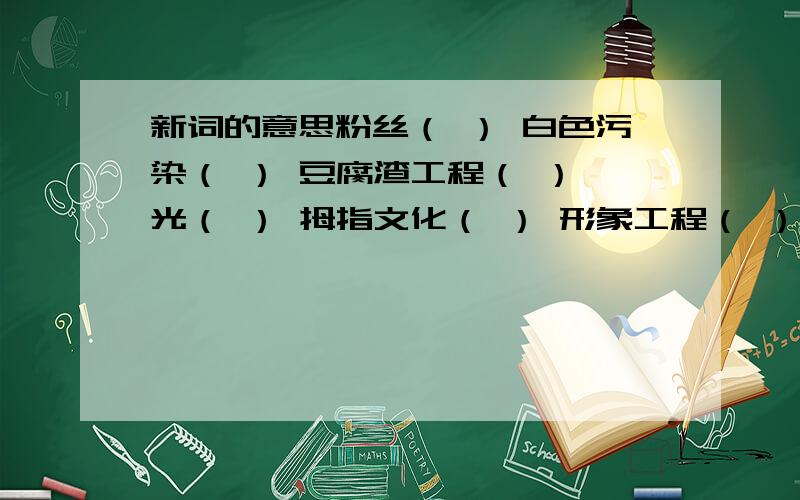 新词的意思粉丝（ ） 白色污染（ ） 豆腐渣工程（ ）曝光（ ） 拇指文化（ ） 形象工程（ ）