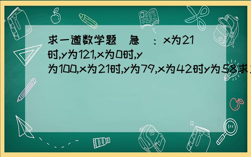 求一道数学题（急）：x为21时,y为121,x为0时,y为100,x为21时,y为79,x为42时y为58求之间的解析式