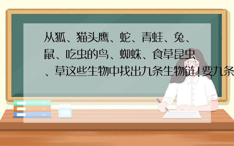 从狐、猫头鹰、蛇、青蛙、兔、鼠、吃虫的鸟、蜘蛛、食草昆虫、草这些生物中找出九条生物链!要九条,而且每条生物链的最后一个生物都应该是这里面没有一个生物能吃它才算!