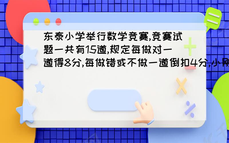 东泰小学举行数学竞赛,竞赛试题一共有15道,规定每做对一道得8分,每做错或不做一道倒扣4分,小刚共得84分