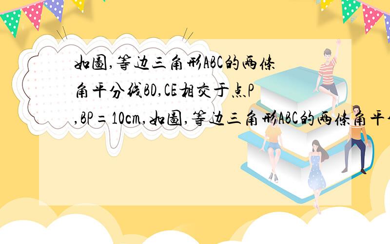 如图,等边三角形ABC的两条角平分线BD,CE相交于点P,BP=10cm,如图,等边三角形ABC的两条角平分线BD、CE相交于点P,BP=10cm,求PD的长