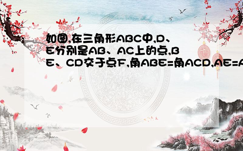 如图,在三角形ABC中,D、E分别是AB、AC上的点,BE、CD交于点F,角ABE=角ACD,AE=AD.求证：DF=EF