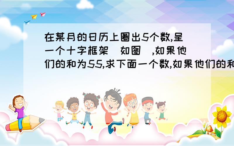 在某月的日历上圈出5个数,呈一个十字框架(如图),如果他们的和为55,求下面一个数,如果他们的和为115,求上面一个数,这5个数的和可以是125吗?