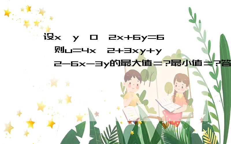 设x,y≥0,2x+6y=6,则u=4x^2+3xy+y^2-6x-3y的最大值＝?最小值＝?答案是：18      , 27/2过程?