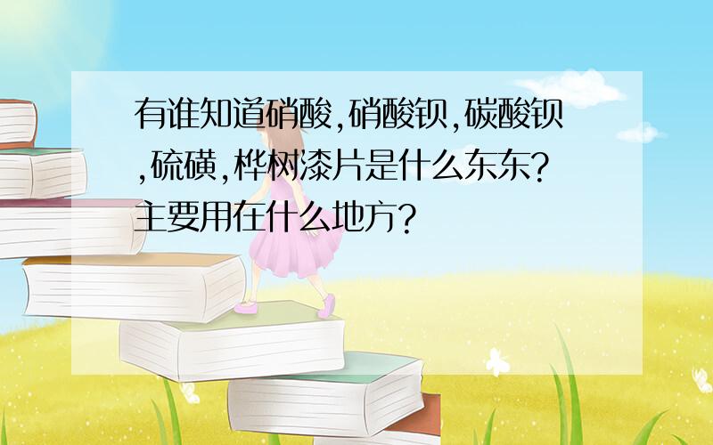 有谁知道硝酸,硝酸钡,碳酸钡,硫磺,桦树漆片是什么东东?主要用在什么地方?