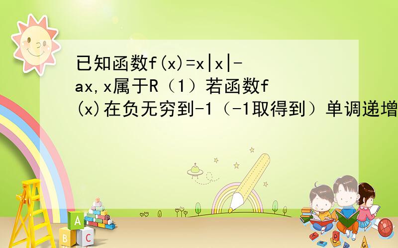 已知函数f(x)=x|x|-ax,x属于R（1）若函数f(x)在负无穷到-1（-1取得到）单调递增,求a的范围;（2）若函数f(x)在0到正无穷上（0取不到）有最小值,求函数f(x)z在-1到1（-1和1都取得到）值域.