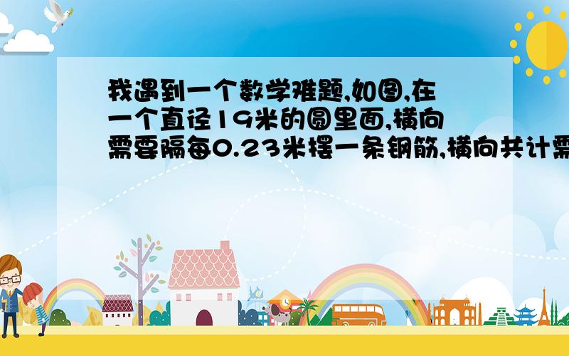 我遇到一个数学难题,如图,在一个直径19米的圆里面,横向需要隔每0.23米摆一条钢筋,横向共计需要摆放多少米钢筋...分不是问题.