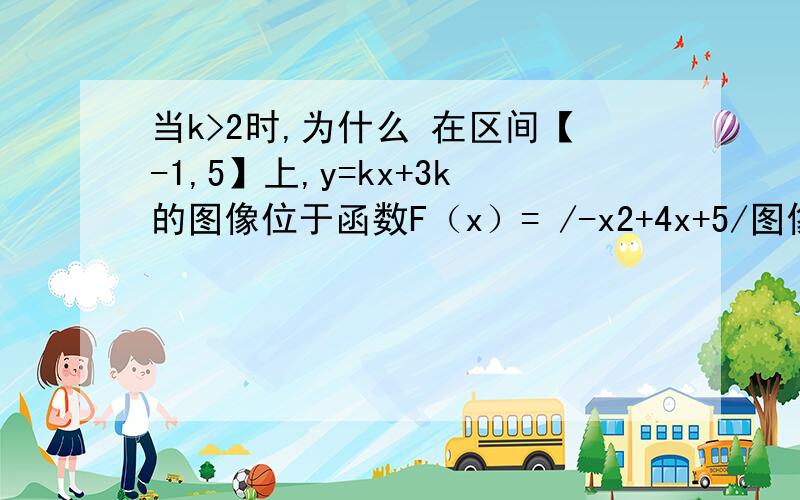 当k>2时,为什么 在区间【-1,5】上,y=kx+3k的图像位于函数F（x）= /-x2+4x+5/图像的上方?//为绝对值请问可不可以用多种方法来解,越简单越好,若要画图,请附上图,不要只写思路,