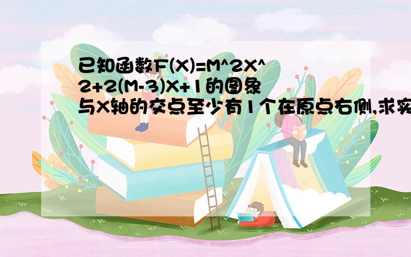 已知函数F(X)=M^2X^2+2(M-3)X+1的图象与X轴的交点至少有1个在原点右侧,求实数M的取制值范围.