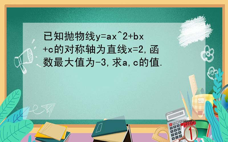 已知抛物线y=ax^2+bx+c的对称轴为直线x=2,函数最大值为-3,求a,c的值.