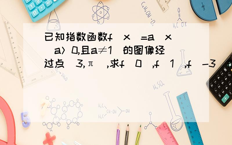 已知指数函数f（x)=a^x(a＞0,且a≠1）的图像经过点（3,π）,求f（0）,f（1）,f（-3）的值π是“派”要过程的啊。