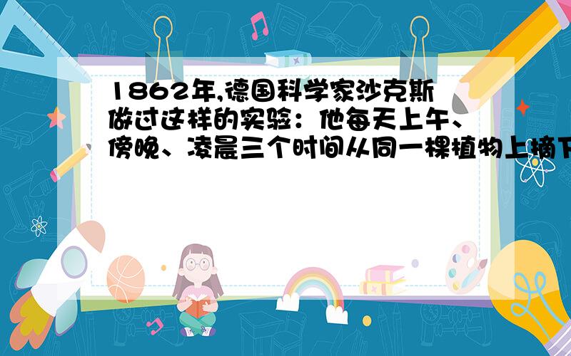 1862年,德国科学家沙克斯做过这样的实验：他每天上午、傍晚、凌晨三个时间从同一棵植物上摘下一片叶子,再用打孔器在这三片叶子上各取下同样大小的一块圆片,烘干后称重,结果发现：凌