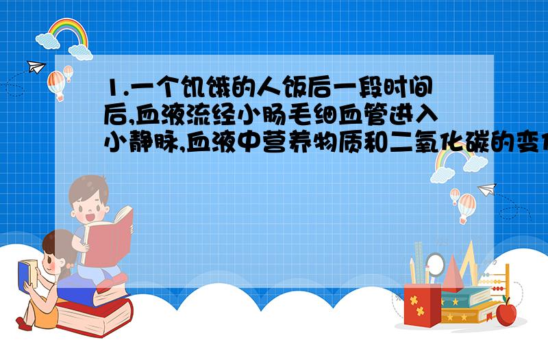 1.一个饥饿的人饭后一段时间后,血液流经小肠毛细血管进入小静脉,血液中营养物质和二氧化碳的变化是A均增加 B营养物质增加,二氧化碳减少 C均减少 D营养物质减少,二氧化碳增加(选A）2.血