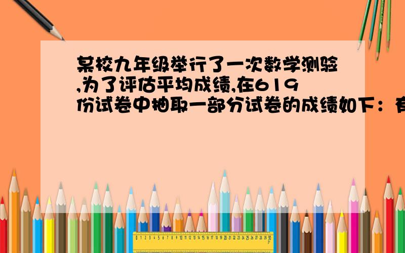 某校九年级举行了一次数学测验,为了评估平均成绩,在619份试卷中抽取一部分试卷的成绩如下：有一人100分,2人90分,12人85分,8人80分,10人75分,5人70分.样本平均数为80分估计全年级的平均分?