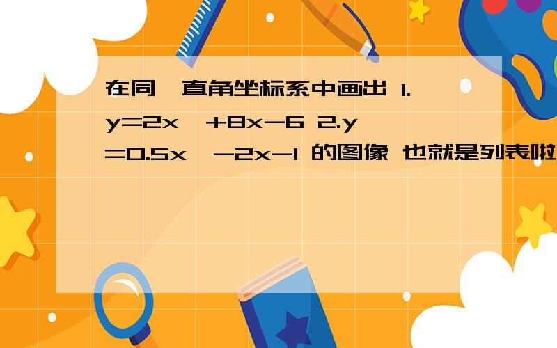 在同一直角坐标系中画出 1.y=2x^+8x-6 2.y=0.5x^-2x-1 的图像 也就是列表啦图就不用画了 帮我把表列出来就可以了 也就是当x等于多少时 式子里的y等多少 请帮我列下 对了