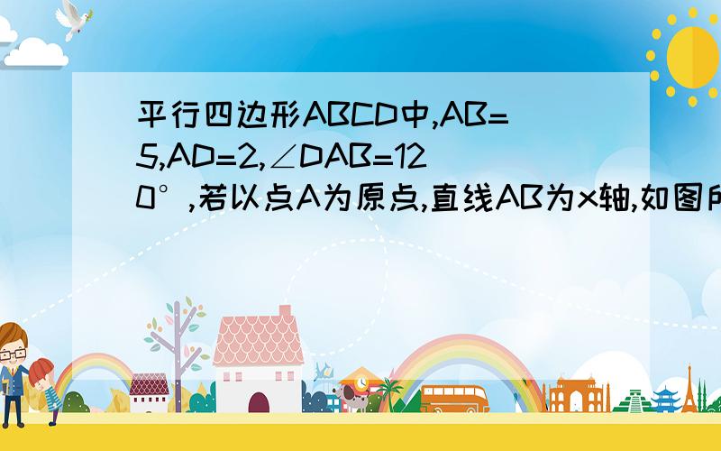 平行四边形ABCD中,AB=5,AD=2,∠DAB=120°,若以点A为原点,直线AB为x轴,如图所示建立直角坐标系,求B、C、D三点的坐标.这是图