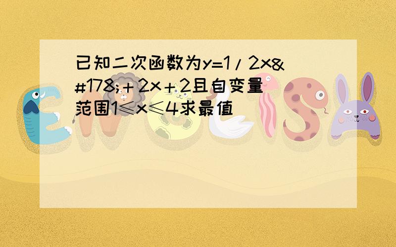 已知二次函数为y=1/2x²＋2x＋2且自变量范围1≤x≤4求最值