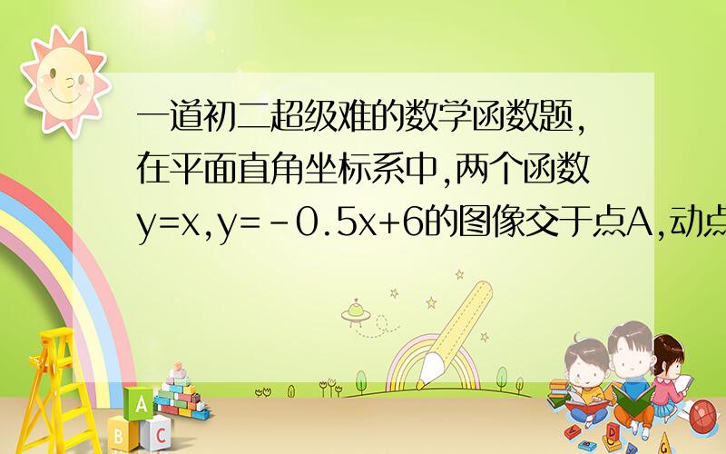 一道初二超级难的数学函数题,在平面直角坐标系中,两个函数y=x,y=-0.5x+6的图像交于点A,动点P从点O开始沿0A方向以每秒1个单位的速度移动,作PQ‖X轴交直线BC于点Q,以PQ为一边向下作正方形PQMN,设