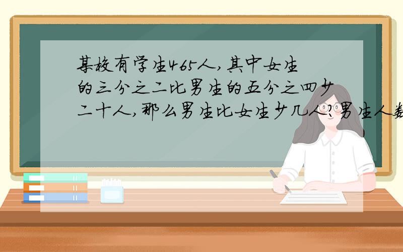 某校有学生465人,其中女生的三分之二比男生的五分之四少二十人,那么男生比女生少几人?男生人数：（465+30）/（1+5/6）=495/5/11=225,请问30代表什么?1+5/6代表什么?