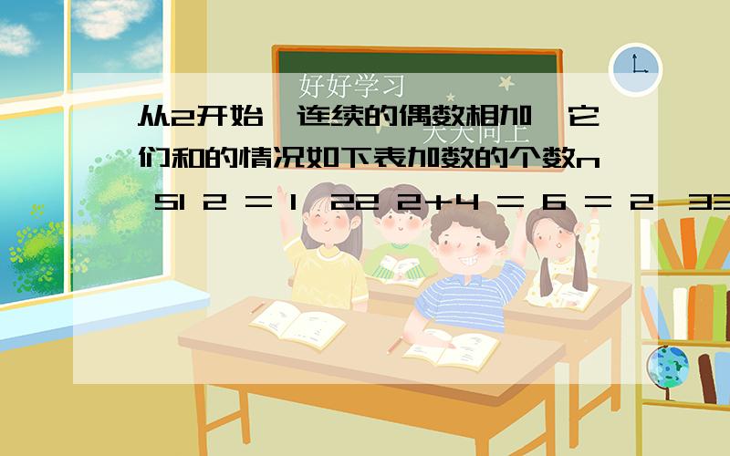 从2开始,连续的偶数相加,它们和的情况如下表加数的个数n S1 2 = 1×22 2＋4 = 6 = 2×33 2＋4＋6 = 12 = 3×44 2＋4＋6＋8 = 20 = 4×55 2＋4＋6＋8＋10 = 30 = 5×6根据表中的规律猜想：用n的代数式表示S的公式