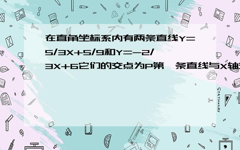 在直角坐标系内有两条直线Y=5/3X+5/9和Y=-2/3X+6它们的交点为P第一条直线与X轴交与点A第二条直线与X轴交与点B（1）求AB两点的坐标（2）用图像法解方程组{3X-5Y=-9,3X+2Y=12](3)求三角形PAB的面积.