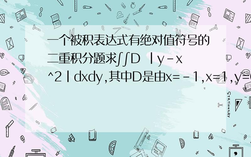 一个被积表达式有绝对值符号的二重积分题求∫∫D |y-x^2|dxdy,其中D是由x=-1,x=1,y=0,y=1所围成的区域我主要不知道二重积分表达式中的绝对值符号应该怎样处理我看不懂