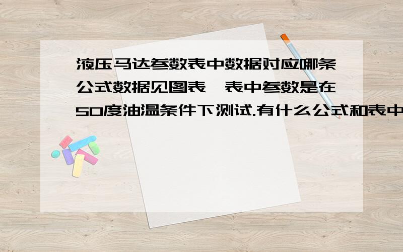 液压马达参数表中数据对应哪条公式数据见图表,表中参数是在50度油温条件下测试.有什么公式和表中数据对应?还请高手赐教