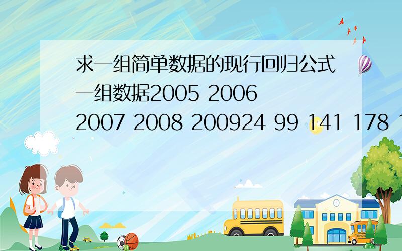 求一组简单数据的现行回归公式一组数据2005 2006 2007 2008 200924 99 141 178 191上面是年份,下面是数量.这组数据的线性回归公示,用excel算出来的应该是多少啊?还有这个的R2(R平方)应该是多少啊?我