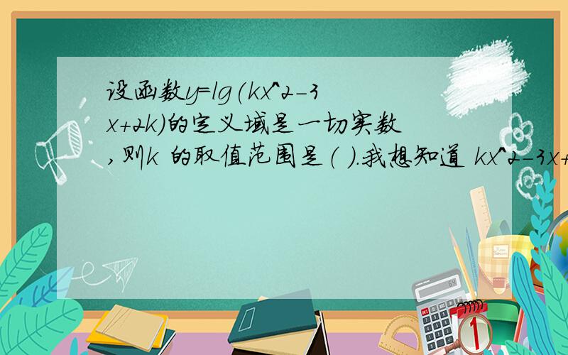 设函数y=lg(kx^2-3x+2k)的定义域是一切实数,则k 的取值范围是（ ）.我想知道 kx^2-3x+2k>0恒成立那么它的Δ0恒成立,就能得出3^2-4k×2k