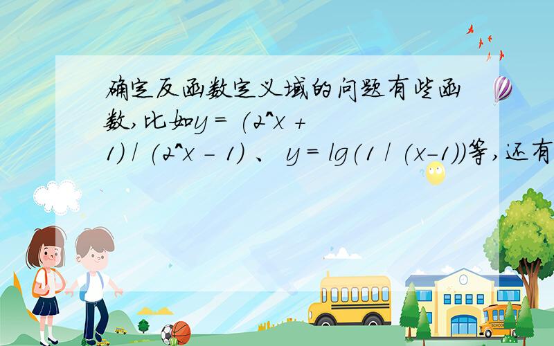 确定反函数定义域的问题有些函数,比如y = (2^x +1) / (2^x - 1) 、 y = lg(1 / (x-1))等,还有一些分式形式的函数,它们的反函数定义域可以通过求原函数的值域来确定,做题过程中发现好像不少这样的