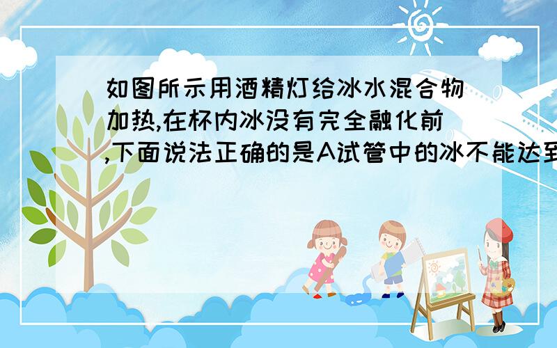 如图所示用酒精灯给冰水混合物加热,在杯内冰没有完全融化前,下面说法正确的是A试管中的冰不能达到熔点,但可能融化B试管中的冰可以达到熔点,可以融化C试管中的冰不能达到熔点,所以不