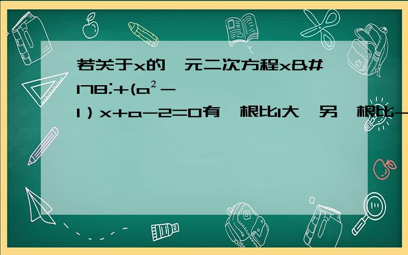 若关于x的一元二次方程x²+(a²-1）x+a-2=0有一根比1大,另一根比-1小,试确定实数a的范围.