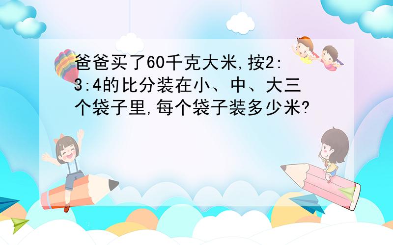 爸爸买了60千克大米,按2:3:4的比分装在小、中、大三个袋子里,每个袋子装多少米?