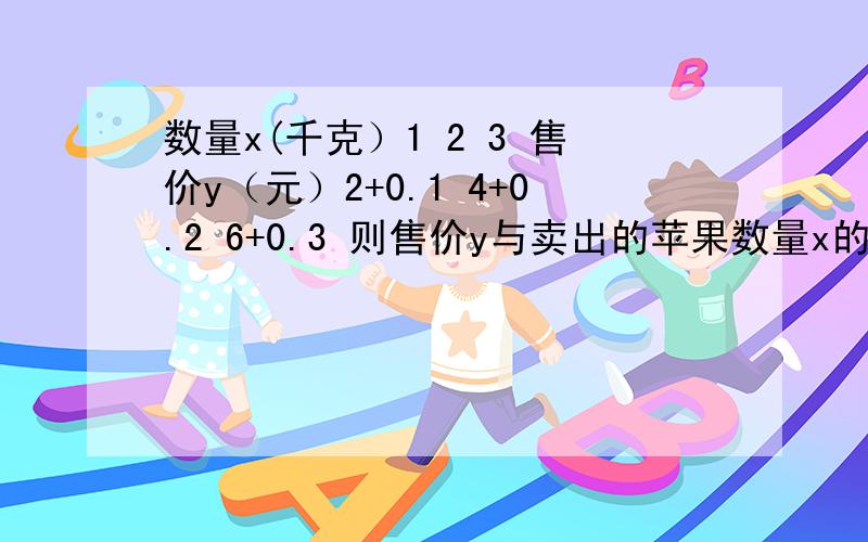 数量x(千克）1 2 3 售价y（元）2+0.1 4+0.2 6+0.3 则售价y与卖出的苹果数量x的函数关系式是?