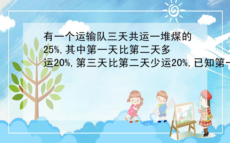 有一个运输队三天共运一堆煤的25%,其中第一天比第二天多运20%,第三天比第二天少运20%,已知第一天比第三天多运480吨,问这堆煤有多少吨?