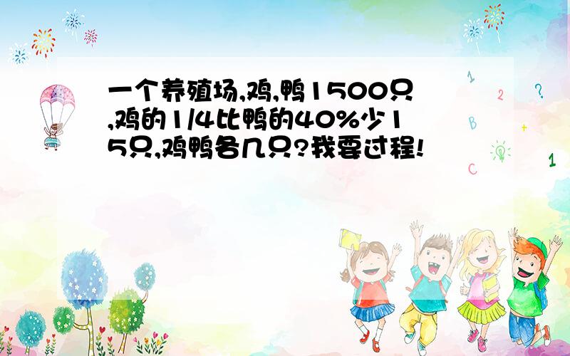 一个养殖场,鸡,鸭1500只,鸡的1/4比鸭的40%少15只,鸡鸭各几只?我要过程!