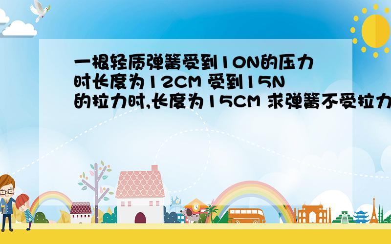 一根轻质弹簧受到10N的压力时长度为12CM 受到15N的拉力时,长度为15CM 求弹簧不受拉力时的长度为多少/急需物理题目      急需答案