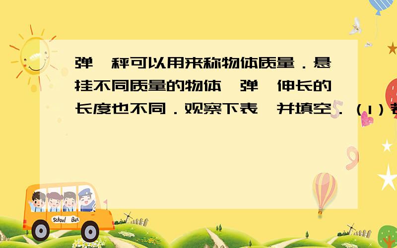 弹簧秤可以用来称物体质量．悬挂不同质量的物体,弹簧伸长的长度也不同．观察下表,并填空．（1）若悬挂4千克的物体,弹簧伸长的长度是() 厘米；（2）若悬挂()千克的物体,弹簧伸长的长度