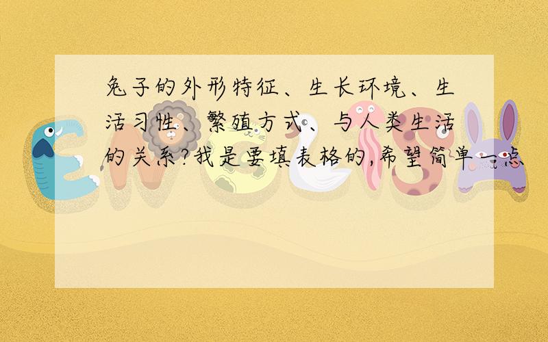 兔子的外形特征、生长环境、生活习性、繁殖方式、与人类生活的关系?我是要填表格的,希望简单一点