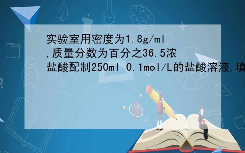 实验室用密度为1.8g/ml,质量分数为百分之36.5浓盐酸配制250ml 0.1mol/L的盐酸溶液,填空并请回答下列问题1、配制250ml0.1mol/L的盐酸溶液,应取盐酸体积,应选用容量瓶的规格,除容量瓶外还需的其他