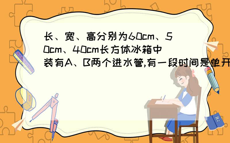 长、宽、高分别为60cm、50cm、40cm长方体冰箱中装有A、B两个进水管,有一段时间是单开A管,有一段时间是两管同时开放.下面的折现统计图表示进水情况.请你看图回答以下问题.1.是先开放A管,还