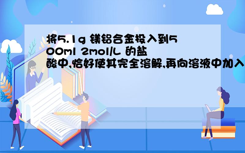 将5.1g 镁铝合金投入到500ml 2mol/L 的盐酸中,恰好使其完全溶解,再向溶液中加入4mol/L的氢氧化钠溶液当沉淀量到最大值时候加入氢氧化钠的体积是?答案是250ml、、求解